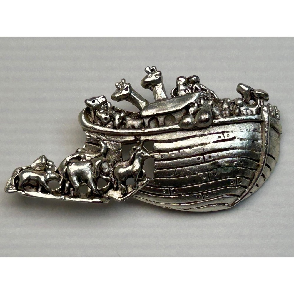 Silver Tone Noahs Ark‎ Brooch Pin Animals Giraffe Elephant Made USA